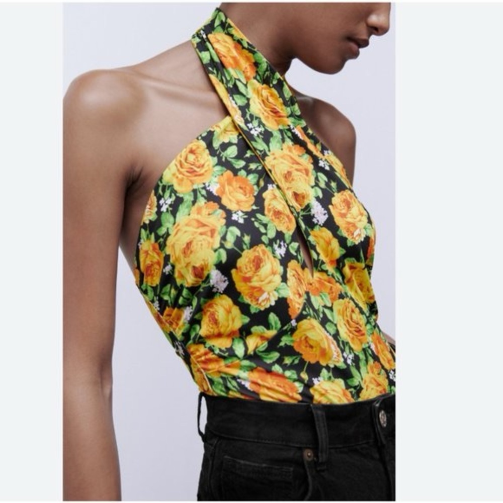 NWT‎ ZARA Twist Cross Neck Floral Halter Top Bodysuit MEDIUM 0264/455